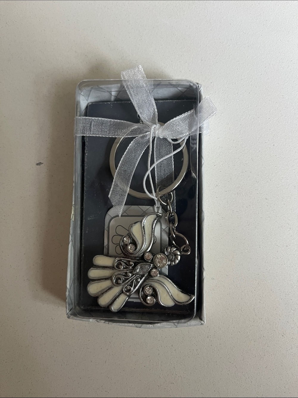 Silver Angel Wing Keychain with White Enamel and Rhinestones